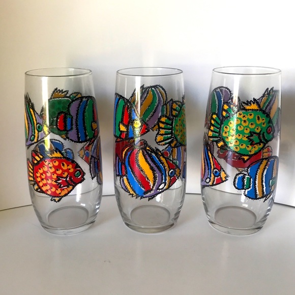 Set of 3 Vintage Libbey Bright Tropical Fish 16 Oz Glasses Tumblers Summer Beach